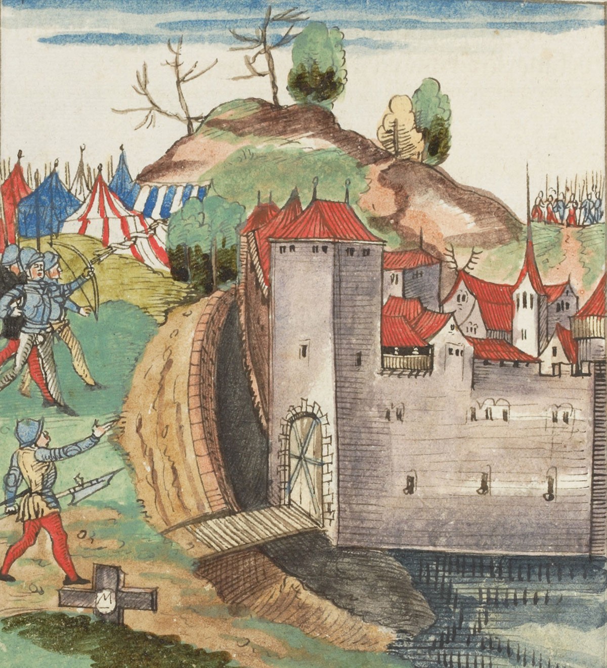 Pour intimider les assiégés, les Bourguignons fixent des messages aux flèches qu’ils décochent sur la ville. Illustration de la chronique de Silbereisen, 1572.
https://www.e-codices.unifr.ch/de/kba/00 ...