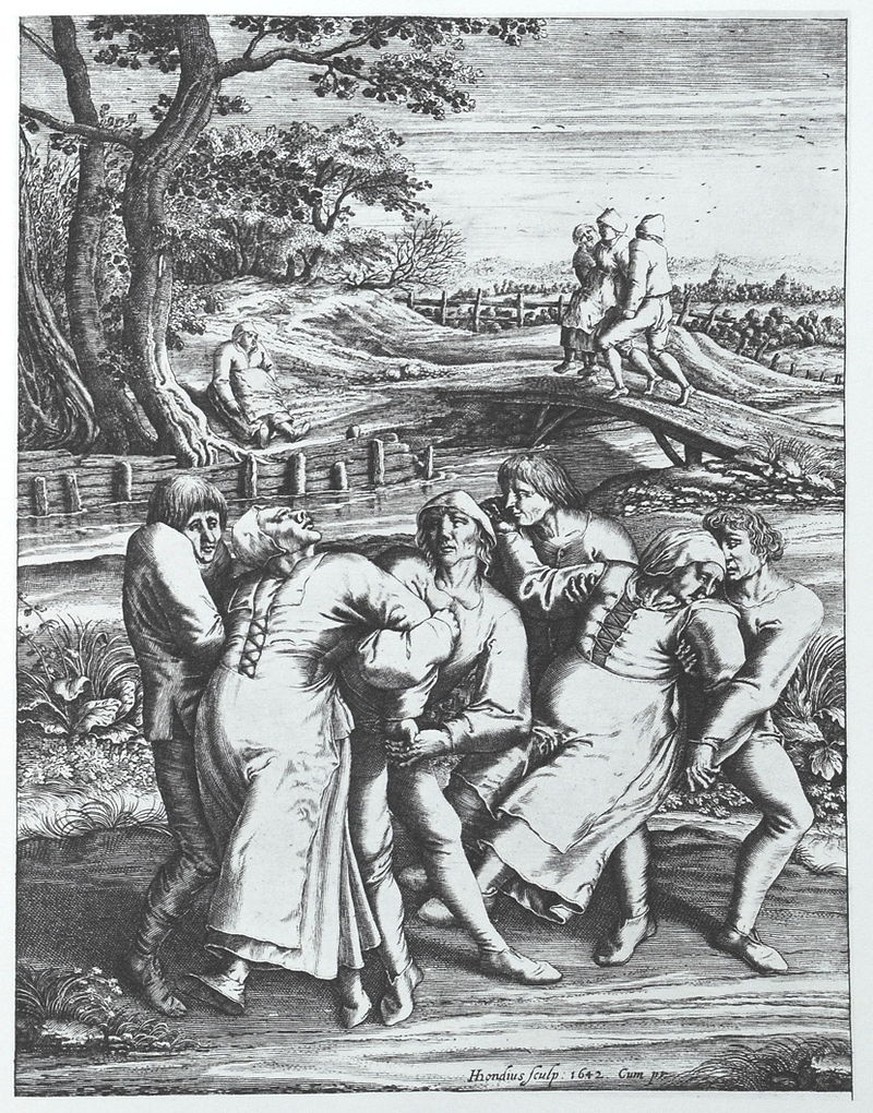 Die Wallfahrt der Fallsüchtigen nach Meulebeeck, ein Kupferstich von Hendrik Hondius nach einer Zeichnung von Pieter Bruegels des Älteren aus dem Jahre 1564.
https://de.wikipedia.org/wiki/Tanzwut#/med ...
