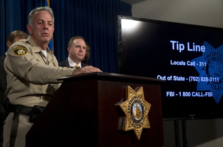 Clark County Sheriff Joe Lombardo holds a media briefing at Metro Police headquarters in Las Vegas Wednesday, Oct. 4, 2017. Investigators trying to figure out the Las Vegas gunman, Stephen Paddock&#03 ...