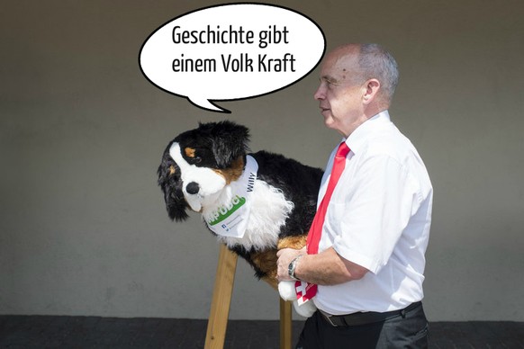 VBS-Vorsteher Ueli Maurer mit Willy. Der müde Blick des Sennenhunds verrät: Es ist wieder einmal die alte Leier.