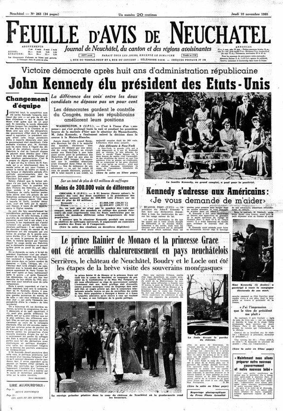 Die Familie Kennedy und das Fürstenpaar von Monaco teilten sich die Titelseite des Feuille d&#039;Avis de Neuchâtel vom 10. November 1960.
https://www.e-newspaperarchives.ch/?a=d&amp;d=EXR19601110-01& ...