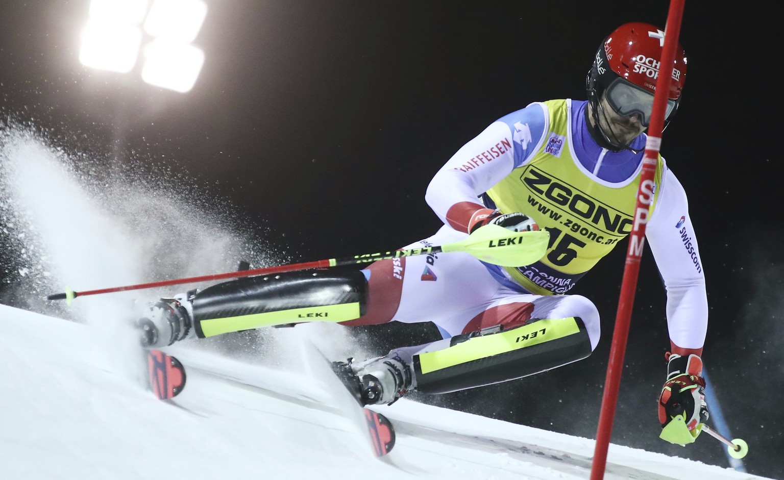 Switzerland&#039;s Loic Meillard speeds down the course during an alpine ski, men&#039;s World Cup slalom, in Madonna di Campiglio, Italy, Wednesday, Dec. 22, 2021. (AP Photo/Gabriele Facciotti)