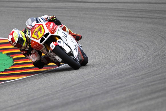 Switzerland&#039;s Dominique Aegerter steers his motorcycle during the Moto2 race at German Motorcycle Grand Prix at the Sachsenring circuit in in Hohenstein-Ernstthal, Sunday, July 7, 2019. (AP Photo ...