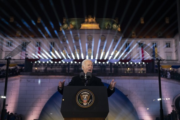 President Joe Biden delivers a speech marking the one-year anniversary of the Russian invasion of Ukraine, at the Royal Castle Gardens, Tuesday, Feb. 21, 2023, in Warsaw. (AP Photo/ Evan Vucci)
Joe Bi ...