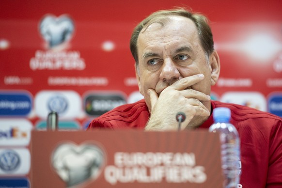 epa07455517 Georgia&#039;s head coach Vladimir Weiss attends a press conference at the Boris Paitchadze Dinamo Arena in Tbilisi, Georgia, 22 March 2019. Georgia will face Switzerland in their UEFA Eur ...