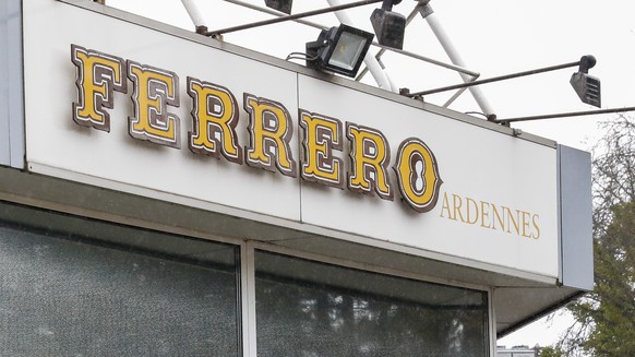 epa09875409 The logo is seen of Ferrero factory in Arlon, Belgium, 07 April 2022. Cases of salmonellosis linked to Kinder products manufactured in the Ferrero Ardennes factory in Arlon are increasing. ...