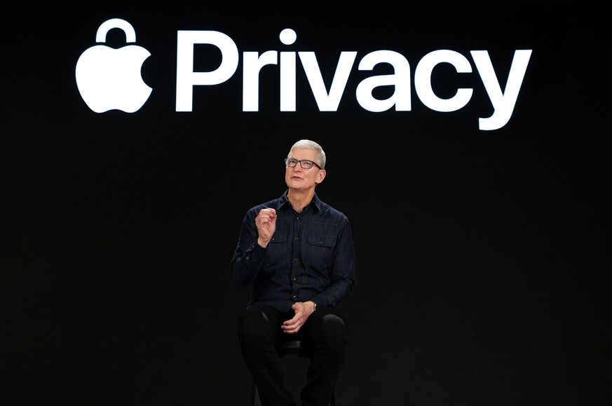 epa09253840 A handout photo made available by Apple showing Apple CEO Tim Cook previews powerful new privacy protections at Apple's Worldwide Developers Conference at Apple Park in Cupertino, Californ ...