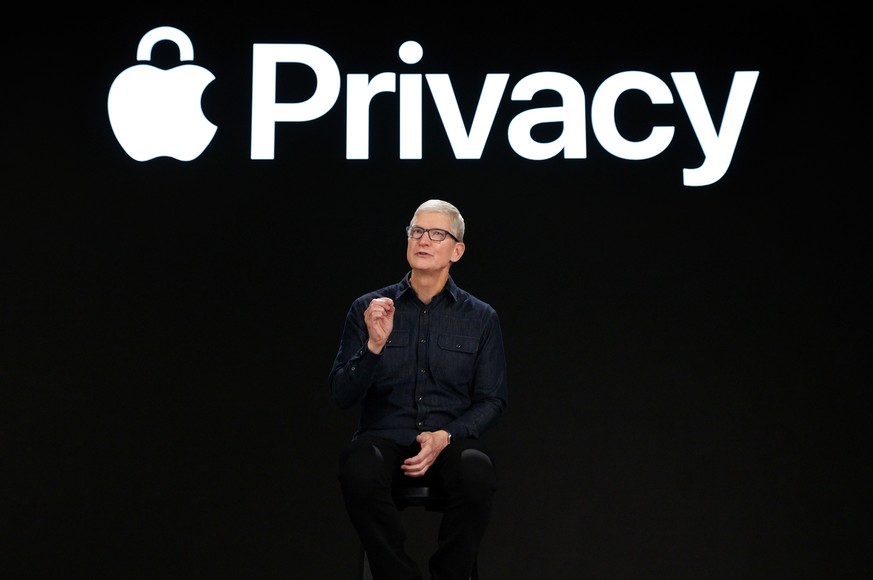 epa09253840 A handout photo made available by Apple showing Apple CEO Tim Cook previews powerful new privacy protections at Apple&#039;s Worldwide Developers Conference at Apple Park in Cupertino, Cal ...