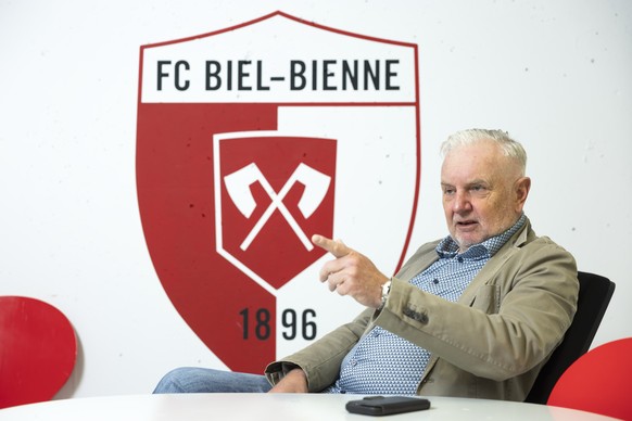 Dietmar Faes, Praesident des FC Biel, spricht waehrend einem Interview, am Mittwoch, 19. Februar 2025, in Biel. (KEYSTONE/Peter Klaunzer)