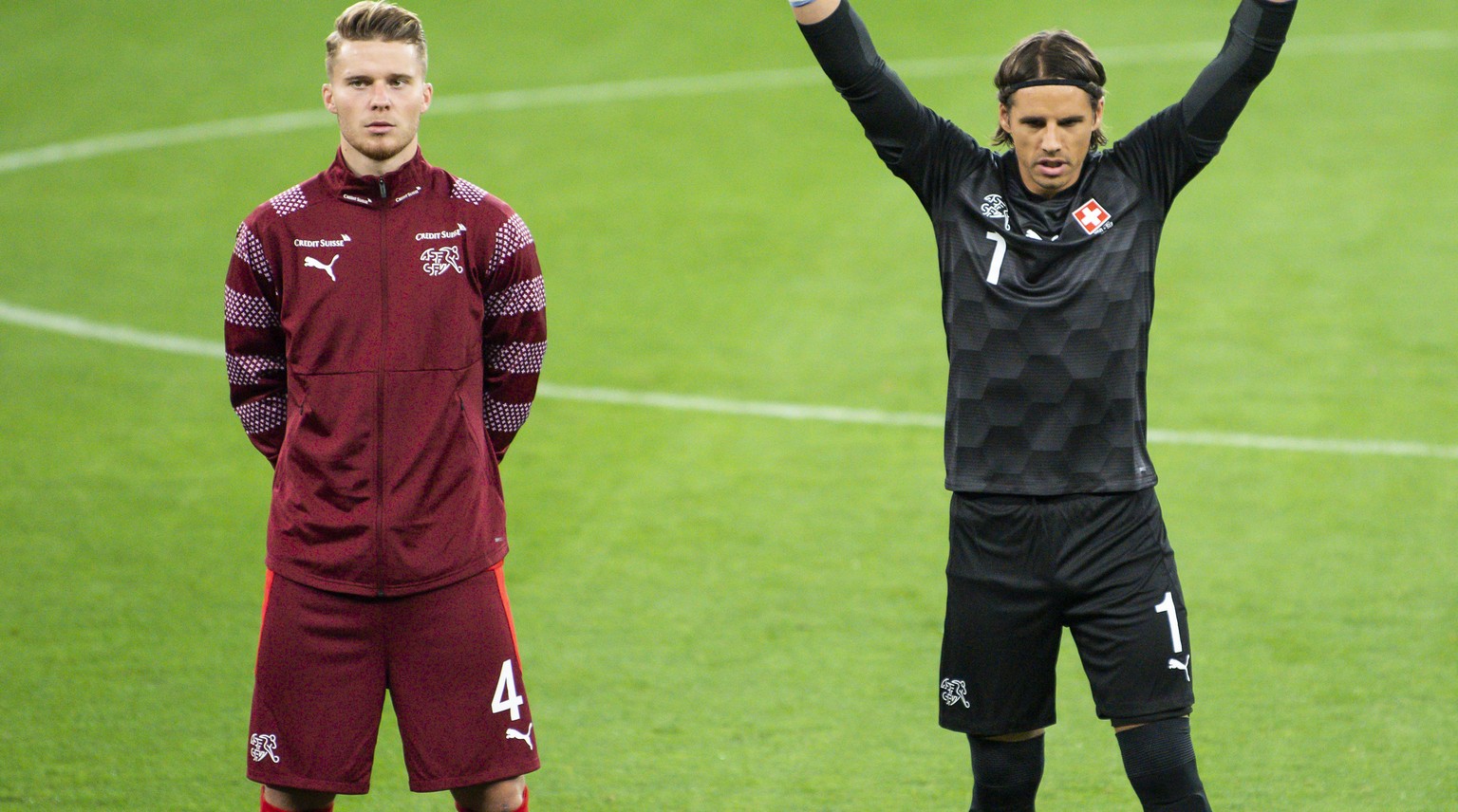 Switzerland&#039;s defender Nico Elvedi, left, Switzerland&#039;s goalkeeper Yann Sommer, center, and Switzerland&#039;s midfielder Granit Xhaka, right, react during the UEFA Nations League group 4 so ...