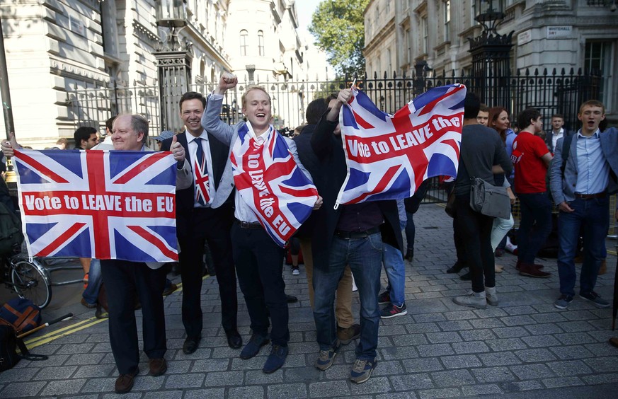 Vote Leave supporters wave Union flags, following the result of the EU referendum, outside Downing Street in London, Britain June 24, 2016. REUTERS/Neil Hall/File Photo