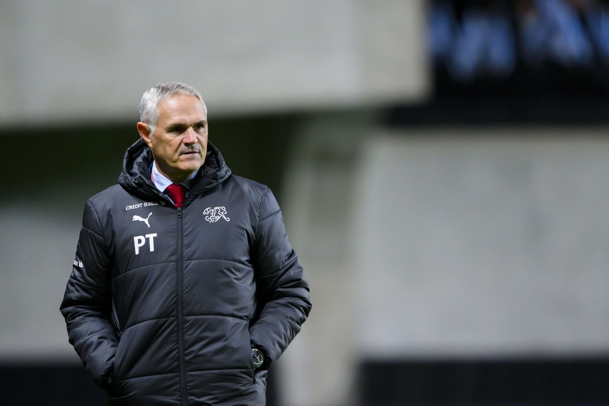 Switzerland's national soccer teams director Pierluigi Tami reacts during the UEFA Euro 2024 qualifying group I soccer match between Israel and Switzerland at Pancho Arena in Felcsut, southwest o ...