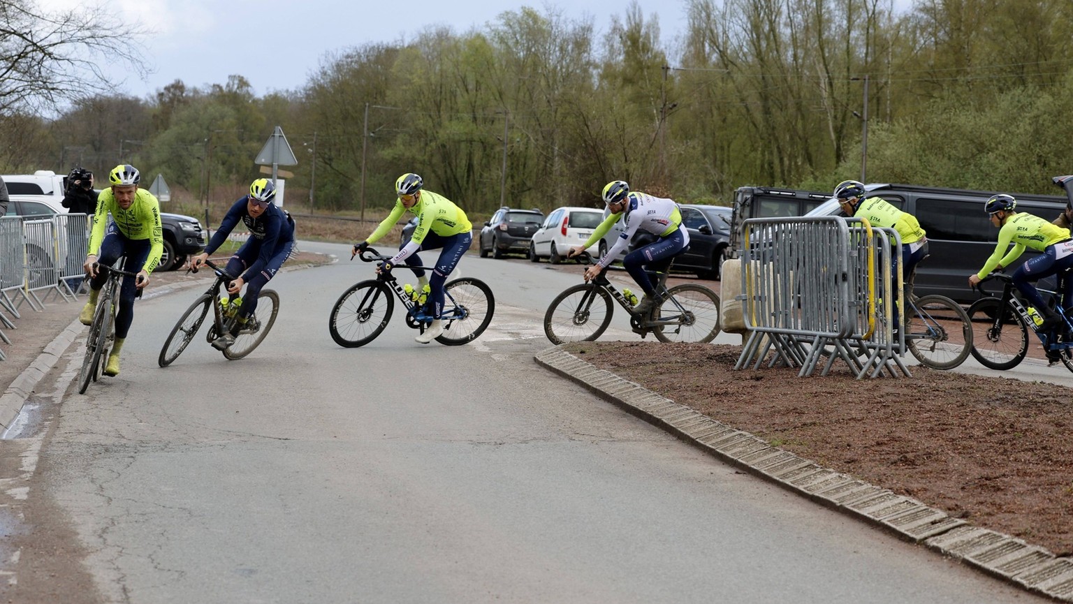 Paris Roubaix 2024 - training ROUBAIX, FRANCE - APRIL 04 : riders of Intermarche - Wanty in the chicane added to slow entry to Arenberg trou