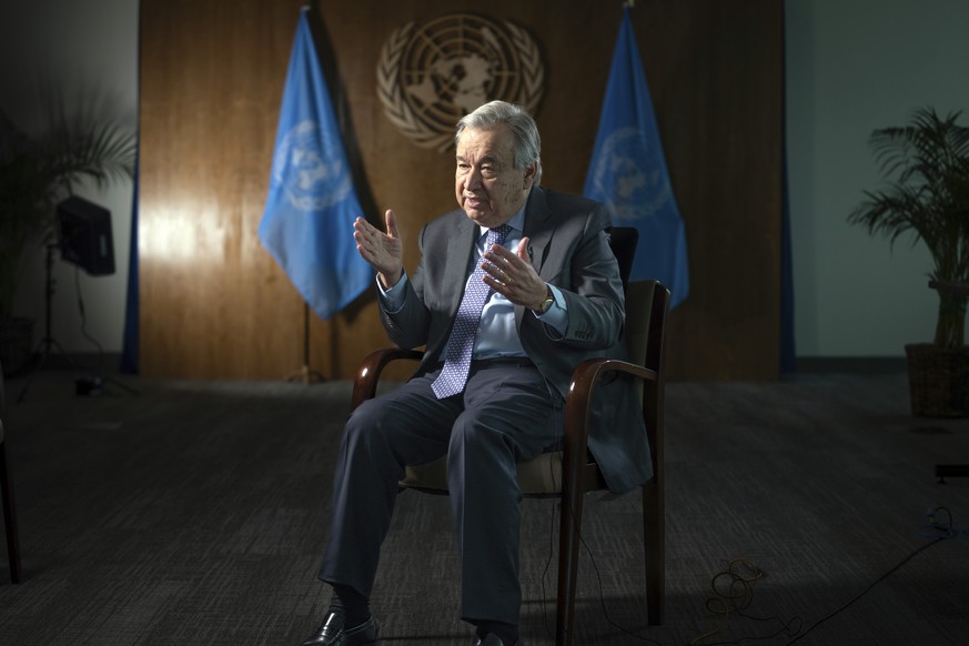 United Nations Secretary-General Antonio Guterres speaks during interview at the UN Headquarters, Thursday, Jan. 20, 2022, in New York. As he starts his second term as U.N. secretary-general, Antonio  ...