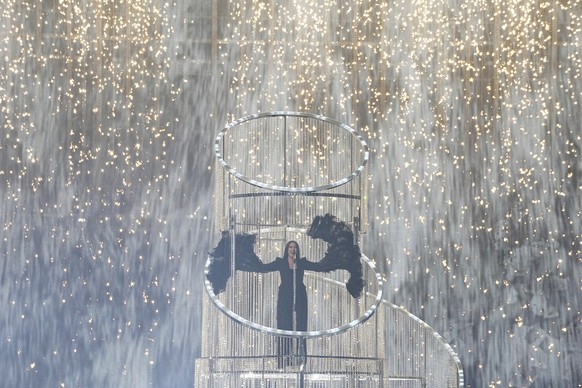 Yuval Raphael from Israel performs the song &quot;New Day Will Rise&quot; during the dress rehearsal for the Grand Final of the 69th Eurovision Song Contest, in Basel, Switzerland, Friday, May 16 2025 ...