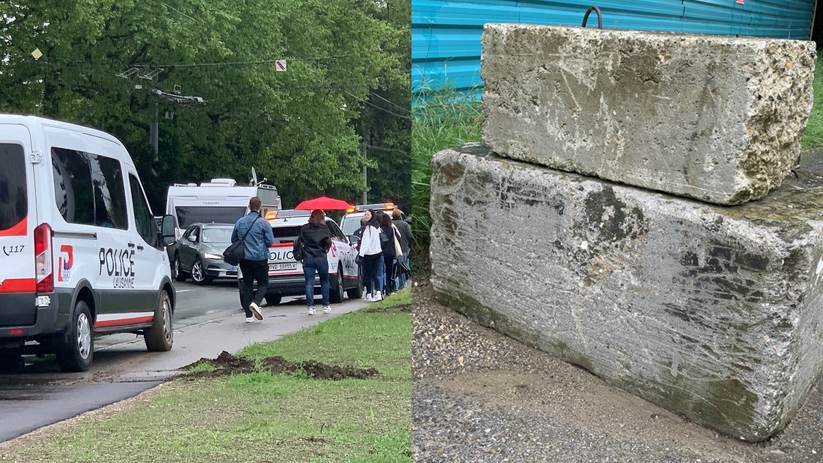 La police vaudoise bloque le passage à une caravane de gens du voyage. Des blocs de béton obstruent un chemin pour empêcher des caravanes d'accéder à un parking deu quartier de La Bourdonnette. Lausan ...
