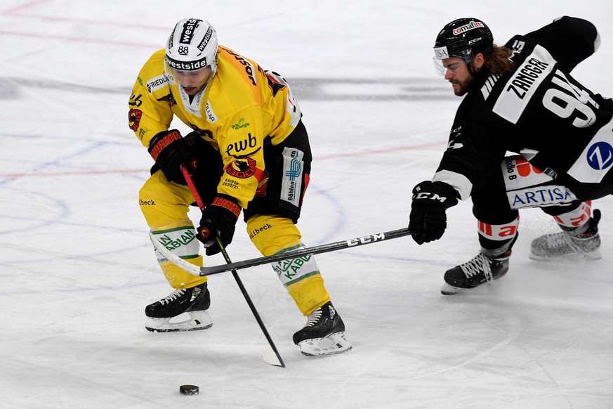 Lugano&#039;s player Sandro Zangger right, fights for the puck with Bern&#039;s player Inti Pestoni, left, during the preliminary round game of National League A (NLA) Swiss Championship 2020/21 betwe ...