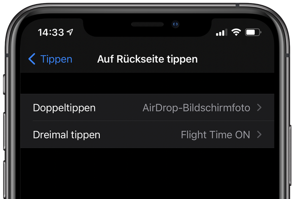Zweimal aufs iPhone-Gehäuse tippen, um einen Screenshot zu erstellen und über AirDrop zu teilen.