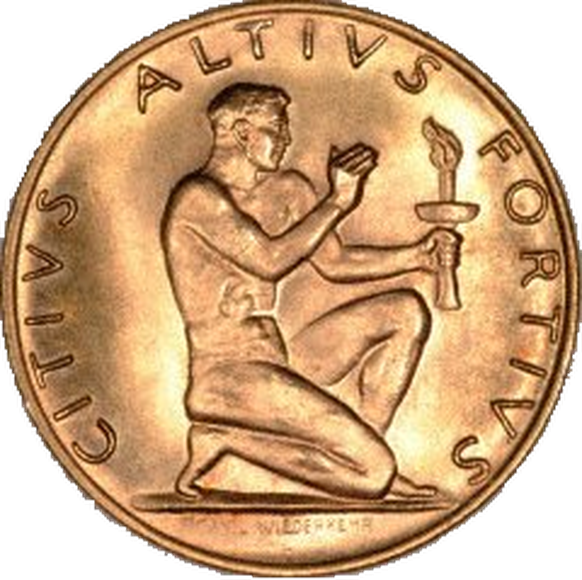 Olympische Münze mit dem Motto eingeprägt.