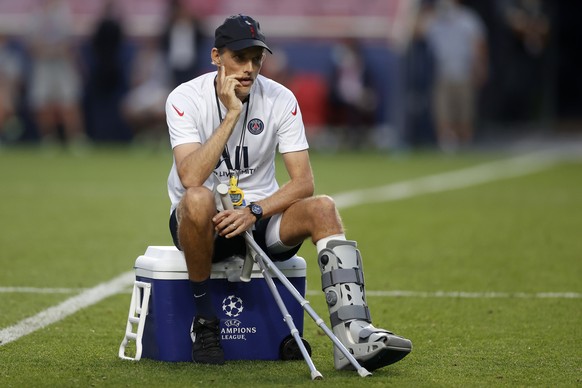 PSG&#039;s head coach Thomas Tuchel directs a training session at the Luz stadium in Lisbon, Saturday Aug. 22, 2020. PSG will play Bayern Munich in the Champions League final soccer match on Sunday. ( ...