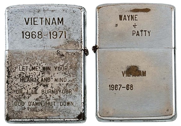 Vietnam War Zippo Lighters 

https://flashbak.com/heartfelt-messages-on-zippo-lighters-of-the-vietnam-war-1965-1973-42936/