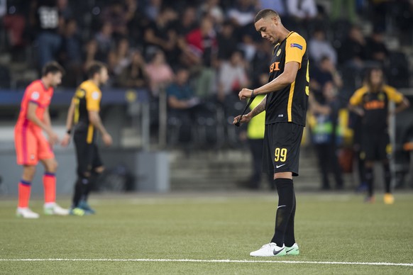 Bern&#039;s Guillaume Hoarau, reacts after loosing the game during the UEFA Champions League playoff match between Switzerland&#039;s BSC Young Boys and Russia&#039;s CSKA Moscov, in the Stade de Suis ...