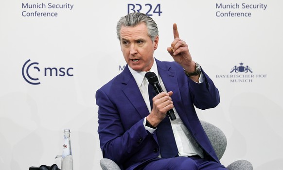 epa12735043 Governor of California Gavin Newsom speaks during the 62nd Munich Security Conference (MSC) at the hotel 'Bayerischer Hof', in Munich, Germany, 13 February 2026. The 62nd Munich  ...