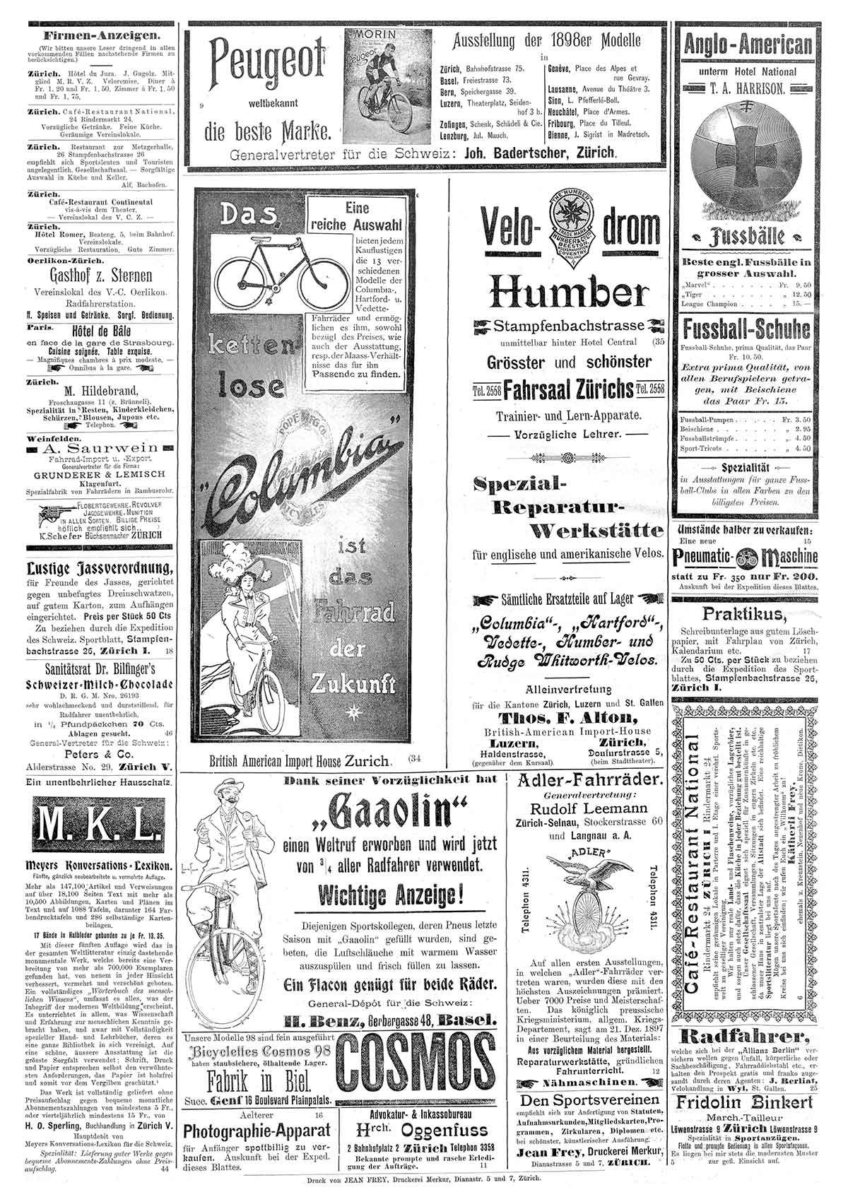Anzeigeseite aus dem Schweizer Sportblatt, März 1898.
https://www.e-periodica.ch/digbib/view?pid=spo-001%3A1898%3A1%3A%3A30#29