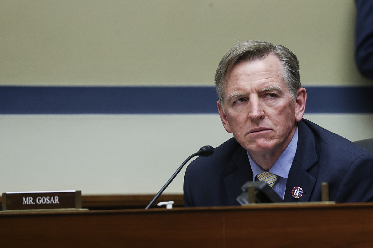 epa09194098 US Rep. Paul Gosar (R-AZ) attends a House Oversight and Reform Committee hearing titled 'The Capitol Insurrection: Unexplained Delays and Unanswered Questions', regarding the Jan ...