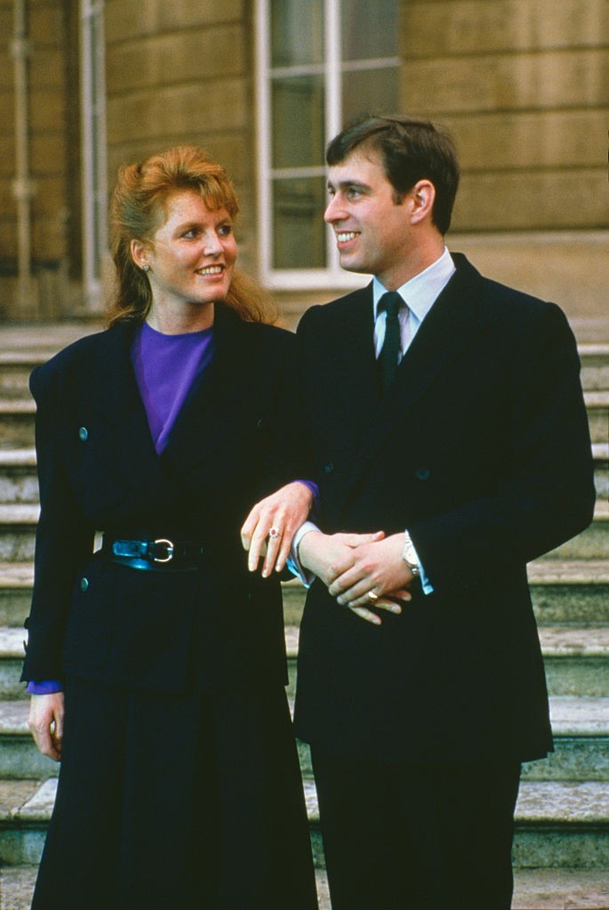 Prince Andrew with Sarah Ferguson at Buckingham Palace after the announcement of their engagement, London, 17th March 1986. (Photo by Tim Graham Photo Library via Getty Images)