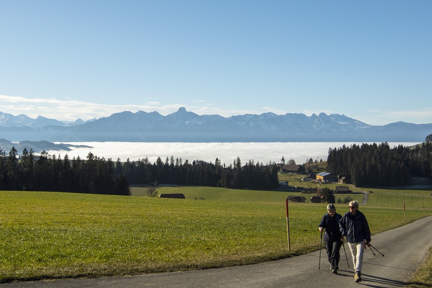 Spaziergaenger geneissen die Aussicht auf die Stockhornkette ueber dem Nebelmeer, am Samstag, 28. November 2020, in Heimenschwand auf rund 1000 Meter ueber Meer. (KEYSTONE/Peter Schneider)