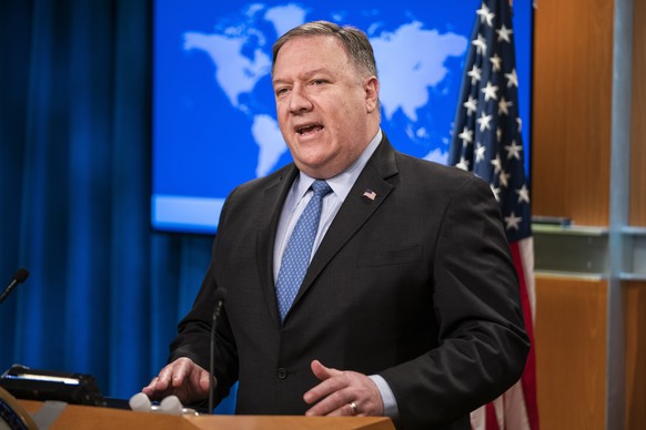 epa07180114 US Secretary of State Mike Pompeo speaks to the media about President Trump&#039;s support for the Crown Prince of Saudi Arabia despite that country&#039;s murder of journalist Jamal Khash ...