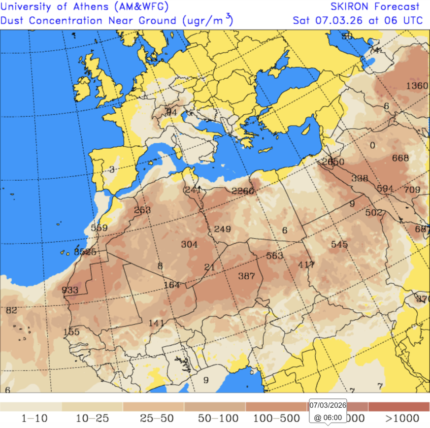 https://forecast.uoa.gr/en/forecast-maps/dust/europe, Saharastaub am 07. März 2026