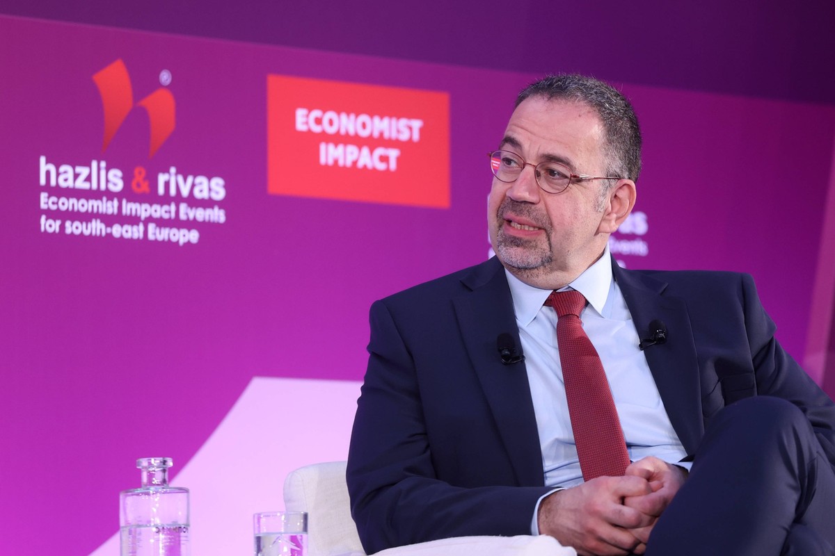 The Economist 29th Annual Government Roundtable in Lagonisi LAGONISI, GREECE - JULY 02: Turkish-American economist, Daron Acemoglu speaks during the Economist 29th Annual Government Roundtable in Lago ...