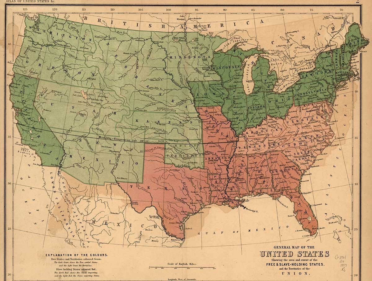 Karte mit den «sklavenhaltenden» (rot) und «freien» (grün) Staaten der USA, um 1860.
https://www.loc.gov/resource/g3701e.ct000764/?r=-0.189,-0.005,1.379,0.812,0