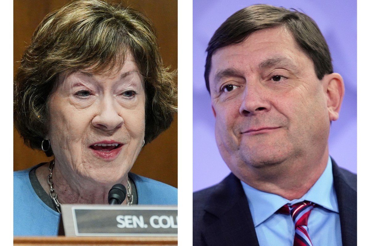 This combination of photos shows Sen. Susan Collins, R-Maine, on Sept. 24, 2026, in Washington, left, and her challenger for the Maine's U.S. Senate seat, Democratic candidate Troy Jackson on Jul ...