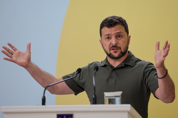 epa10815840 Ukrainian President Volodymyr Zelensky speaks at the press conference after the opening session of Crimea Platform conference in Kyiv Ukraine, 23 August 2023. The Crimea Platform ? is an i ...