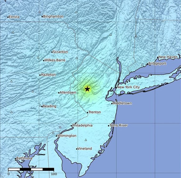 This image provided by U.S. Geological Survey shows the epicenter of an earthquake on the East Coast of the U.S. on Friday, April 5, 2024. An earthquake shook the densely populated New York City metro ...