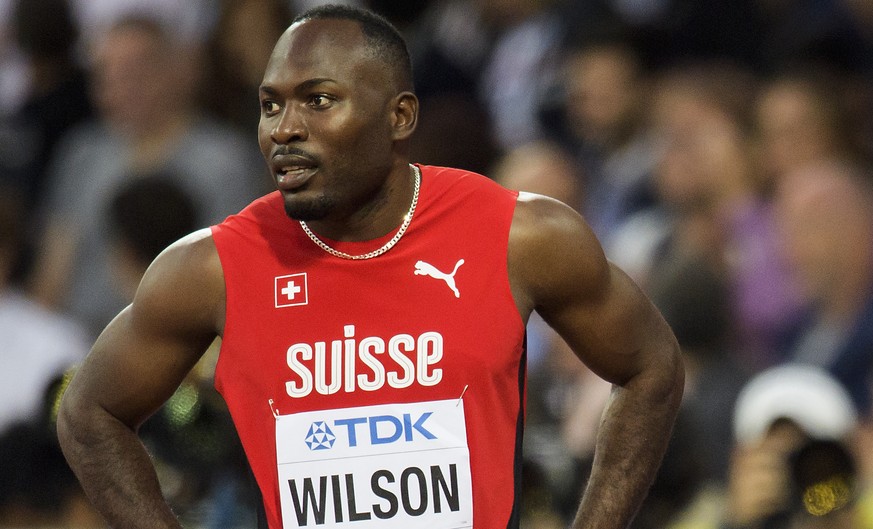 Alex Wilson from Switzerland reacts during the men 100 metres qualification round at the IAAF World Athletics Championships at the London Stadium, in the Queen Elizabeth Olympic Park in London, Britai ...