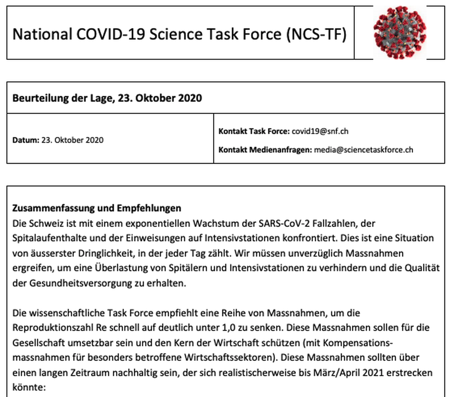 Das empfiehlt die Science Task Force