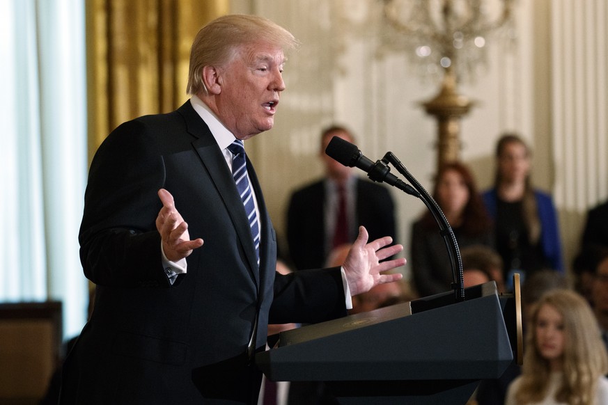 President Donald Trump speaks during an event on prison reform in the East Room of the White House, Friday, May 18, 2018, in Washington. Trump and his supporters are circulating an explosive theory: T ...