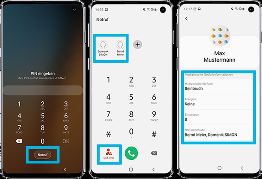 Rettungskräfte, aber auch alle anderen, die dein Handy haben, können sich die hinterlegten medizinischen Infos (z. B. Bluthochdruck) und den Notfallkontakt direkt auf dem Sperrbildschirm über den Notr ...