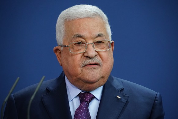 epa10124412 Palestinian President Mahmoud Abbas speaks during a joint press conference with German Chancellor Olaf Scholz (not pictured) at the Chancellery in Berlin, Germany, 16 August 2022. German C ...