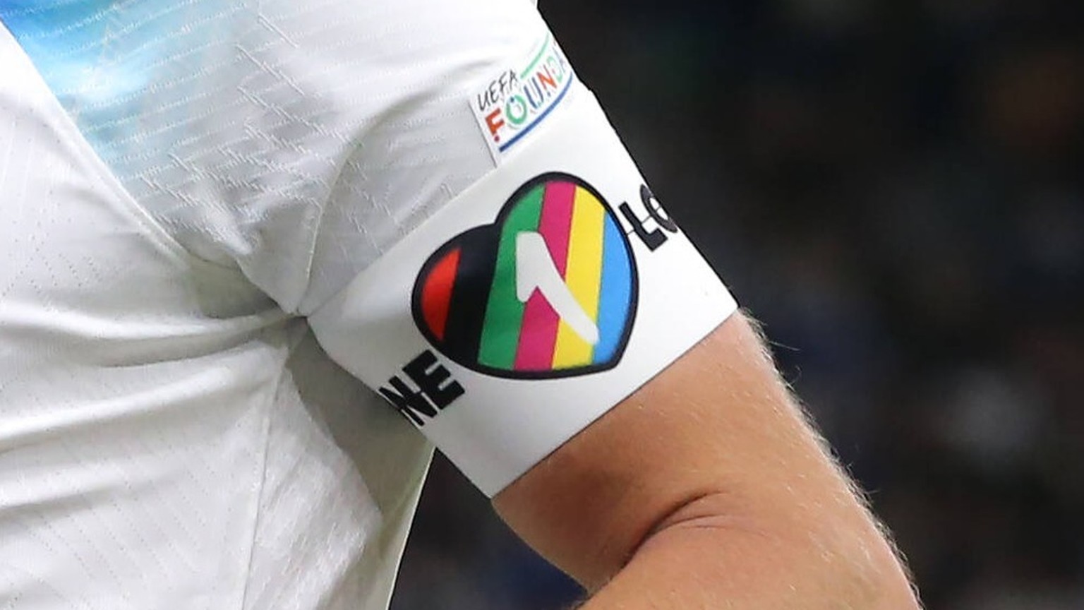 Milan, Italy, 23rd September 2022. Details of the One Love LGBT captain s armband worn by Harry Kane of England during the UEFA Nations League match at Stadio Giuseppe Meazza, Milan. Picture credit sh ...