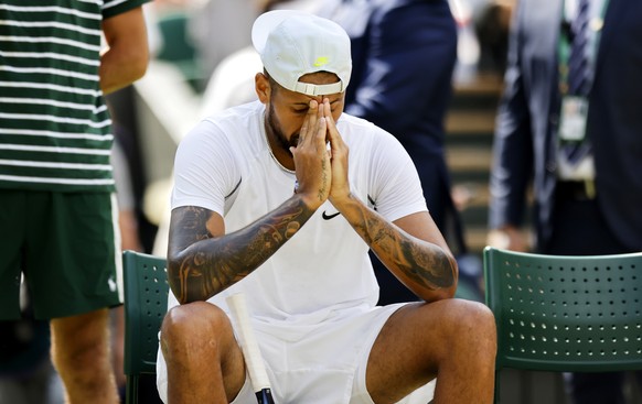 epa10051572 Nick Kyrgios of Australia during a break between games in the men&#039;s 4th round match against Brandon Nakashima of the US at the Wimbledon Championships, in Wimbledon, Britain, 04 July  ...