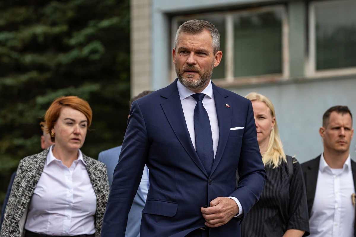 epa11345090 Slovak President-elect Peter Pellegrini arrives to give a statement for media following a visit to Prime Minister Fico, outside the F. D. Roosevelt University Hospital, where Slovak Prime  ...