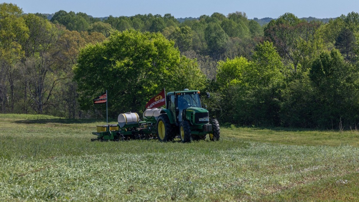 Co-Owner of Soil Regen and first generation farmer, Russell Hedrick, seeds his fields and applies fertilizers in Hickory, North Carolina, on April 10, 2026. US farmers are facing a double whammy of so ...