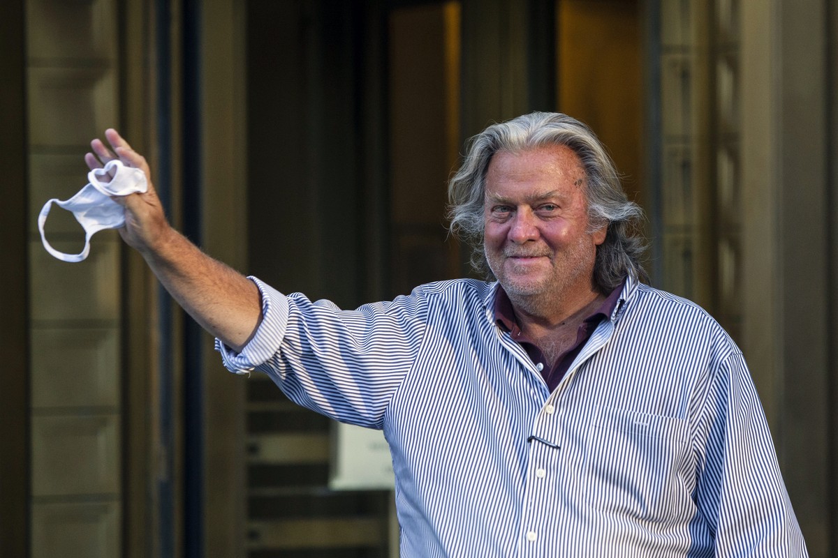 President Donald Trump's former chief strategist Steve Bannon exits the court after pleading not guilty to charges that he ripped off donors to an online fundraising scheme to build a southern bo ...
