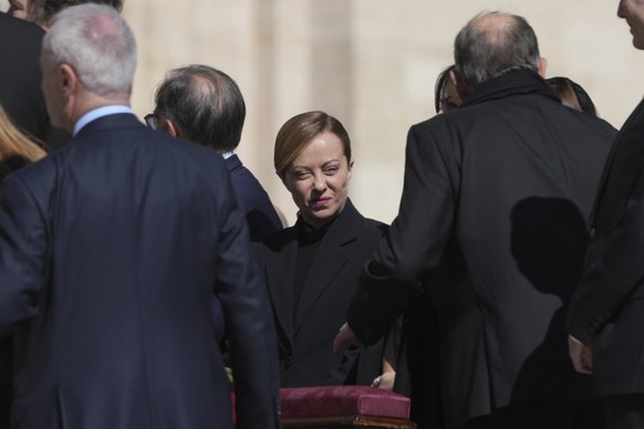 Italian Premier Giorgia Meloni arrives for the funeral of Pope Francis in St. Peter's Square at the Vatican, Saturday, April 26, 2025. (AP Photo/Alessandra Tarantino)
Vatican Pope