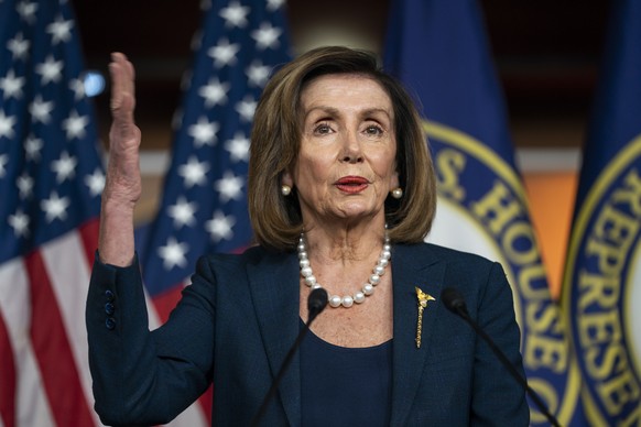 epa08133708 Speaker of the House Nancy Pelosi speaks to the media about the Senates impeachment trial in the US Capitol in Washington, DC, 16 January 2020. Senate Majority Leader Mitch McConnell said  ...